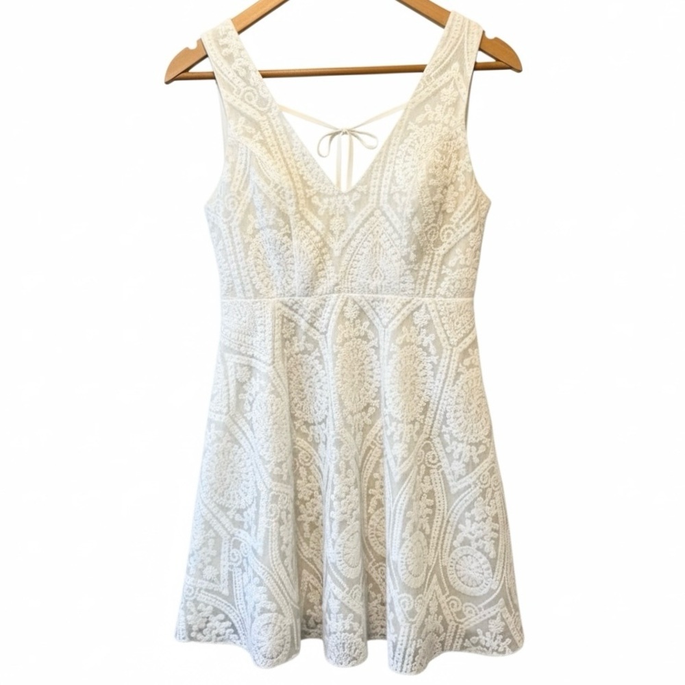 Embroidered V-Neck White Lace Fit & Flare Dress